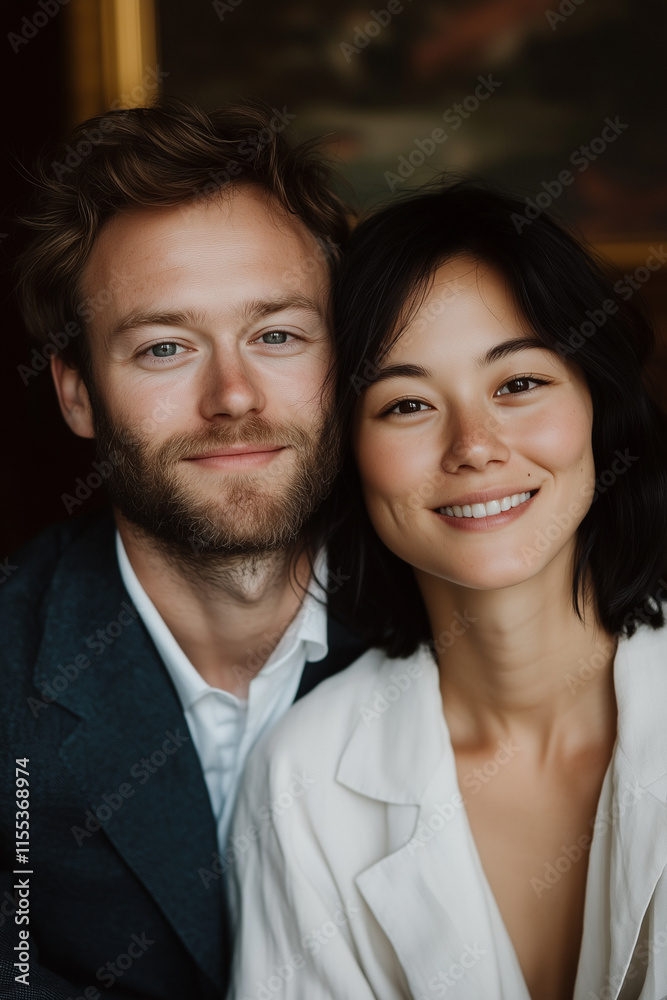 Couple shares a joyful moment indoors, displaying warmth and love in their expressions Couple shares a joyful moment indoors, displaying warmth and love in their expressions