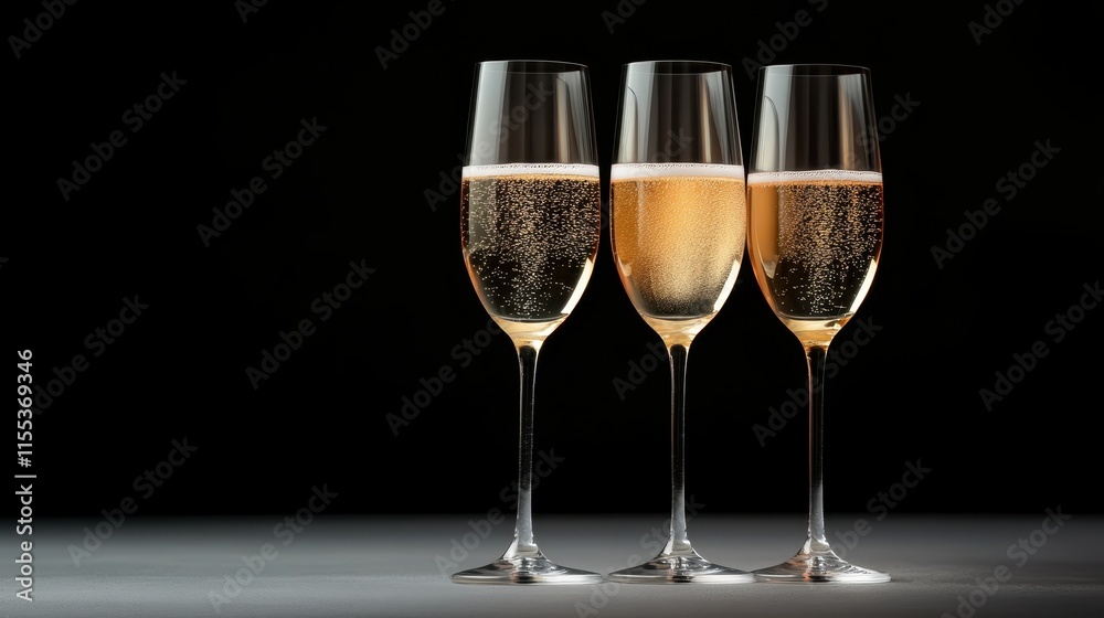 A photorealistic image of three champagne glasses filled with effervescent champagne bubbles and gentle carbonation rising, captured against a sophisticated black backdrop. A photorealistic image of three champagne glasses filled with effervescent champagne bubbles and gentle carbonation rising, captured against a sophisticated black backdrop.