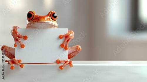 A lively frog with large eyes and distinctive orange toes firmly grasping a blank sign, giving a curious and unique appearance against light background. photo