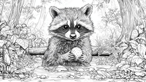 Coloring page of Cute raccoon holding an orange in a forest surrounded by greenery
