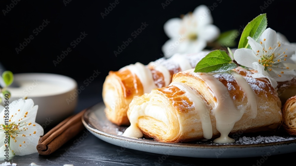 Flaky vanilla pastry rolls, drizzled with creamy icing, are adorned with white flowers, elegantly displayed on a plate, embodying a taste of sweet sophistication. Flaky vanilla pastry rolls, drizzled with creamy icing, are adorned with white flowers, elegantly displayed on a plate, embodying a taste of sweet sophistication.