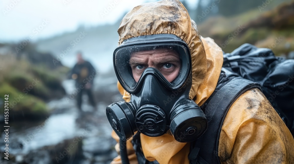 An explorer wearing advanced protective gear traverses a challenging wilderness terrain, symbolizing resilience and determination in a mysterious setting. An explorer wearing advanced protective gear traverses a challenging wilderness terrain, symbolizing resilience and determination in a mysterious setting.