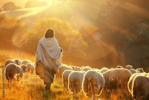 Shepherd Jesus Christ leading the sheep and praying to God and in the field bright sunlight