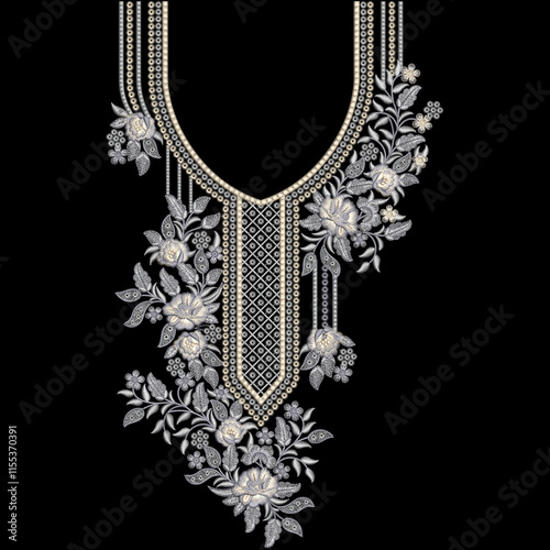 Isolated decorative artwork embroidery neckline design with baroques trendy asian ornaments for digital print on fabric.