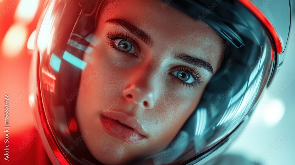 The image captures a close-up of a woman wearing a futuristic helmet, her eyes exuding determination and focus as she engages with advanced technology. The image captures a close-up of a woman wearing a futuristic helmet, her eyes exuding determination and focus as she engages with advanced technology.