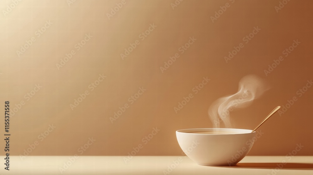 Warm soup bowl with steam curls and a spoon on a minimalist surface ready for a cozy meal. Generative AI Warm soup bowl with steam curls and a spoon on a minimalist surface ready for a cozy meal. Generative AI
