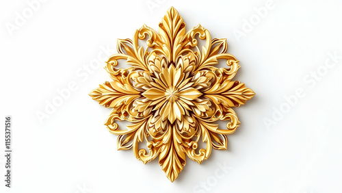 A gold, ornate, rococostyle decorative wall panel. Intricate floral and leaf motifs create a symmetrical, luxurious design element. Isolated on white. photo