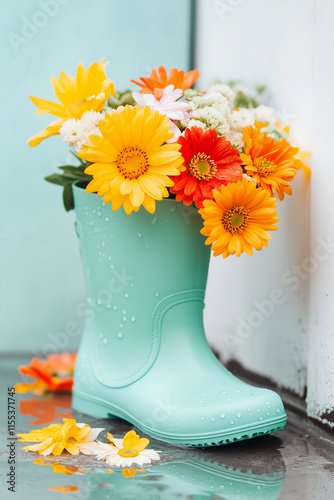 Vibrant flowers are arranged in a teal rubber boot on a sunny day in spring