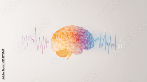 A detailed visualization of epilepsy awareness, featuring a glowing human brain with neural activity depicted in vibrant colors of orange, blue, and purple. EEG monitoring lines trace sharp peaks and