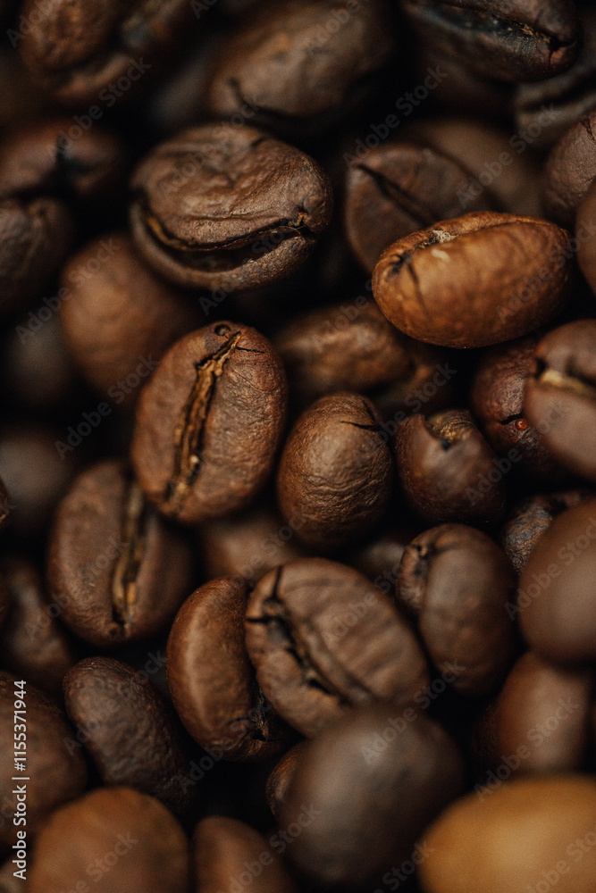 Naklejka premium macro photography coffee beans close-up, food and drinks, cheerful morning, free space for text