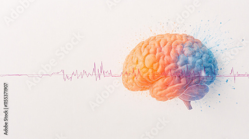 A detailed visualization of epilepsy awareness, featuring a glowing human brain with neural activity depicted in vibrant colors of orange, blue, and purple. EEG monitoring lines trace sharp peaks and