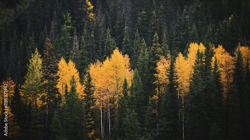 Vibrant Autumn Forest Landscape with Golden Aspen Trees and Evergreen Pines : Generative AI