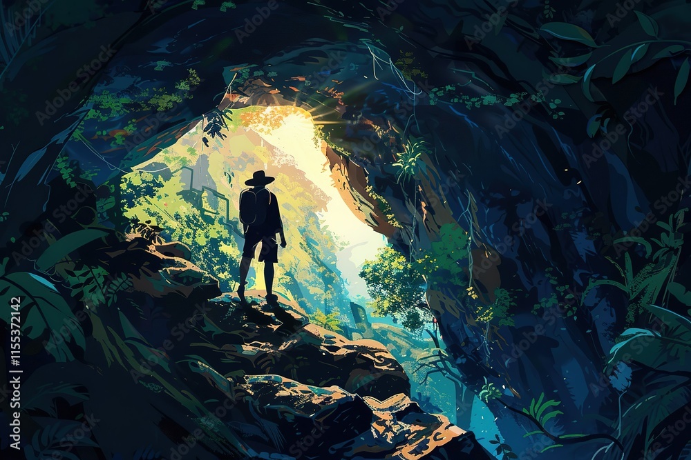 Obraz premium Adventurer exploring a cave