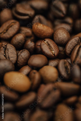 macro photography coffee beans close-up, food and drinks, cheerful morning, free space for text