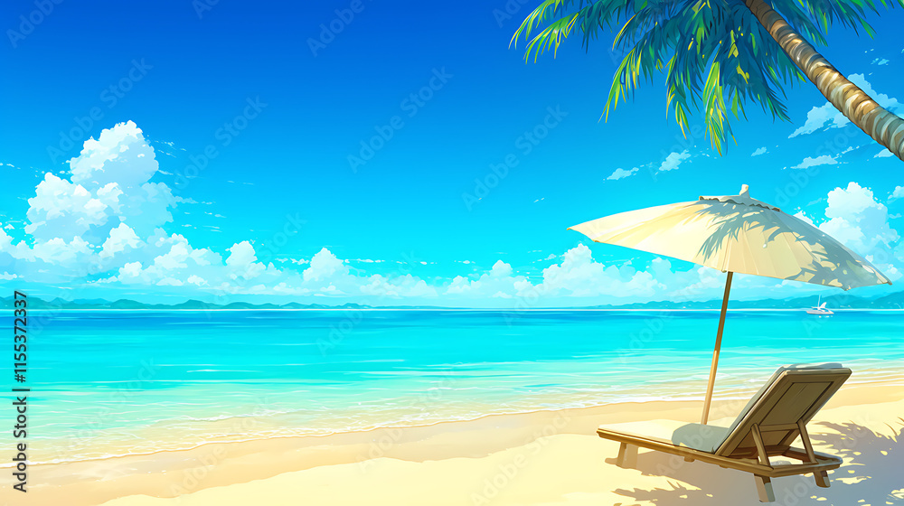 A serene beach scene with a lounge chair, umbrella, and clear turquoise waters. A serene beach scene with a lounge chair, umbrella, and clear turquoise waters.