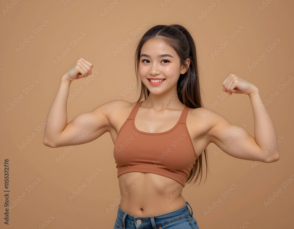 Strong Asian Woman Showing Biceps in Studio Shot Strong Asian Woman Showing Biceps in Studio Shot