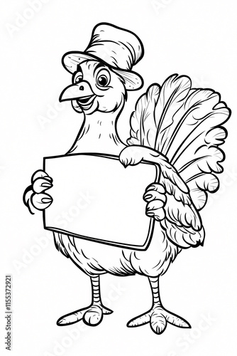 Cute cartoon turkey coloring page for kids with sign photo