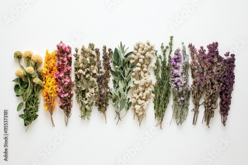 A beautiful assembly of various dried flowers artistically presented in a linear arrangement against a white background, capturing elegance and floral diversity. photo