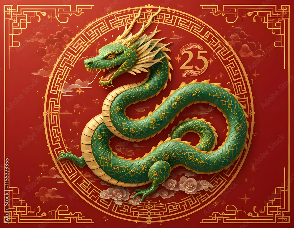 Fototapeta premium Celebrating 25 Years: A Majestic Green Dragon in Traditional Chinese Art