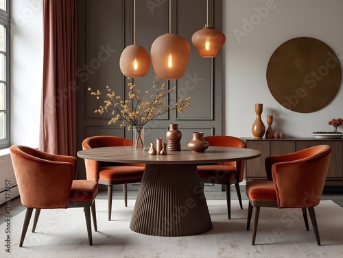 Elegant composition of stylish dining room interior design with velvet armchairs, design rouded wooden table and beautiful personal accessories. Glamour interior design inspiration. Template. photo