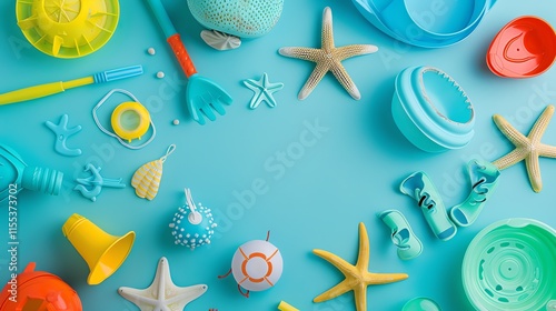 A flat lay of summer themed items on a blue background. photo