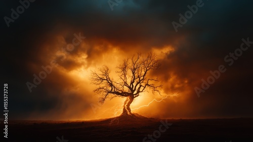 A burning tree ablaze with lightning stands starkly against a bleak horizon, evoking awe and an overwhelming sense of nature's untamed might and mystery.