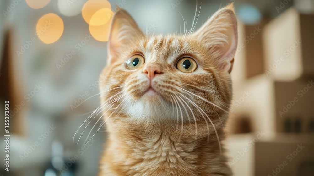 A ginger cat with bright yellow eyes gazes upward, appearing alert and curious, against a softly lit bokeh background, creating a warm and cozy atmosphere. A ginger cat with bright yellow eyes gazes upward, appearing alert and curious, against a softly lit bokeh background, creating a warm and cozy atmosphere.