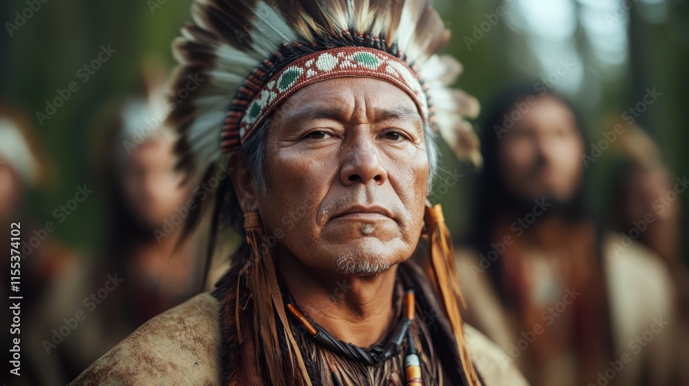 A striking portrait of a man wearing a traditional headdress surrounded by nature, capturing the stoic expression and intricate details of the attire. A striking portrait of a man wearing a traditional headdress surrounded by nature, capturing the stoic expression and intricate details of the attire.