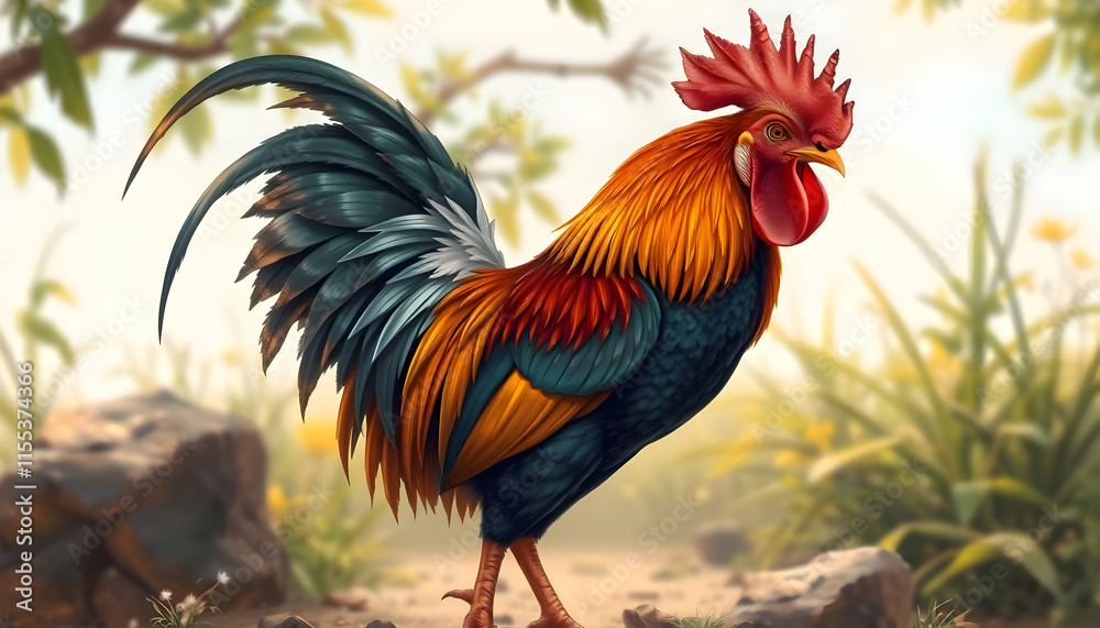 Fototapeta premium Majestic Rooster in Vibrant Garden
