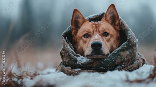 An alert dog snugly wrapped in a snowy camouflage blanket lies in a frosty field, drawing attention to its keen eyes and serene yet vigilant presence. photo