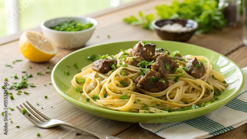 Delicious Plate of Chicken Fettuccine with Lemon and Herbs. photo