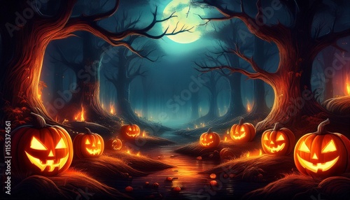 pumpkins burning in a spooky woodland at night halloween background photo