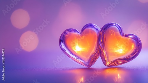 Two glowing glass hearts emit warmth against a soft purple backdrop, symbolizing love and connection.