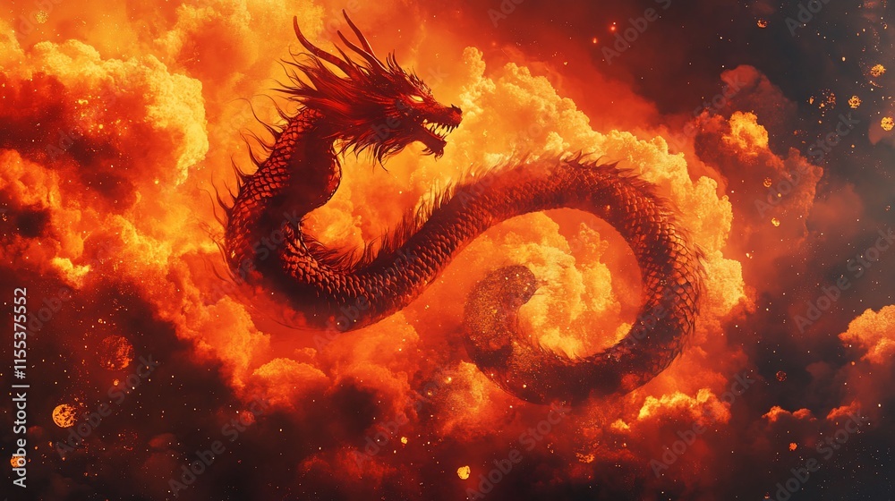 Fiery Chinese dragon soaring through a fiery, orange cloud. Fiery Chinese dragon soaring through a fiery, orange cloud.