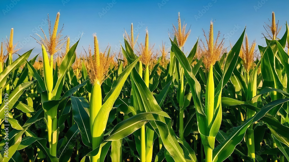 Fototapeta premium A field of corn with blue sky