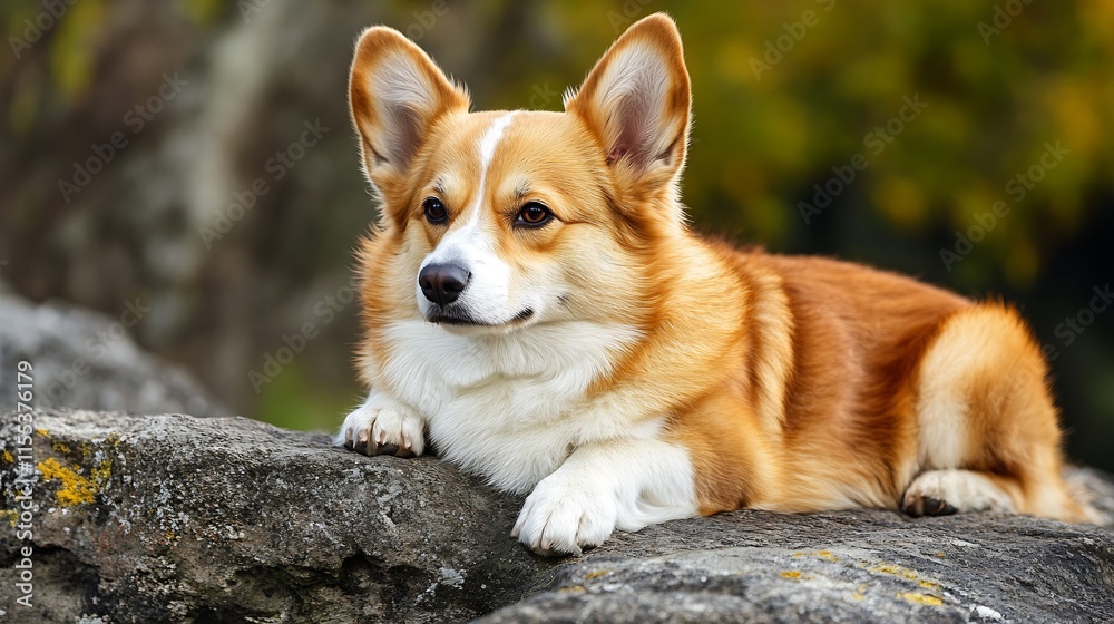 Adorable Corgi Dog Relaxing on Stone with Lush Green Background in a Serene Park : Generative AI Adorable Corgi Dog Relaxing on Stone with Lush Green Background in a Serene Park : Generative AI