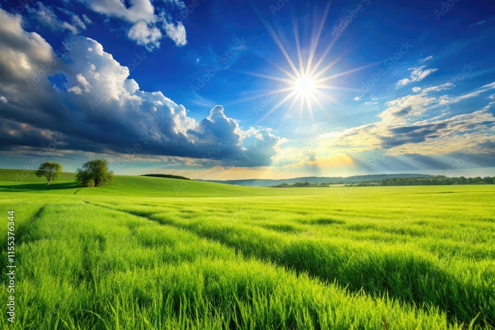 Sunny Summer Landscape Photography: Green Grass Field Blue Sky Rule of Thirds Sunny Summer Landscape Photography: Green Grass Field Blue Sky Rule of Thirds