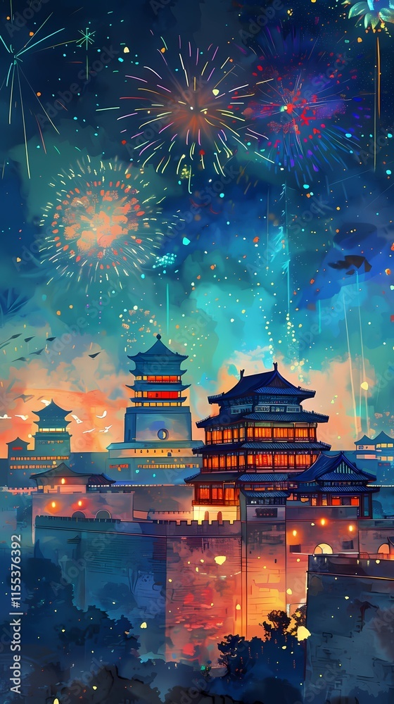 Fototapeta premium Watercolor traditional building fireworks illustration poster background