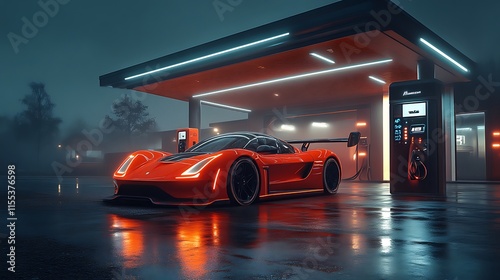Orange sports car at futuristic gas station.