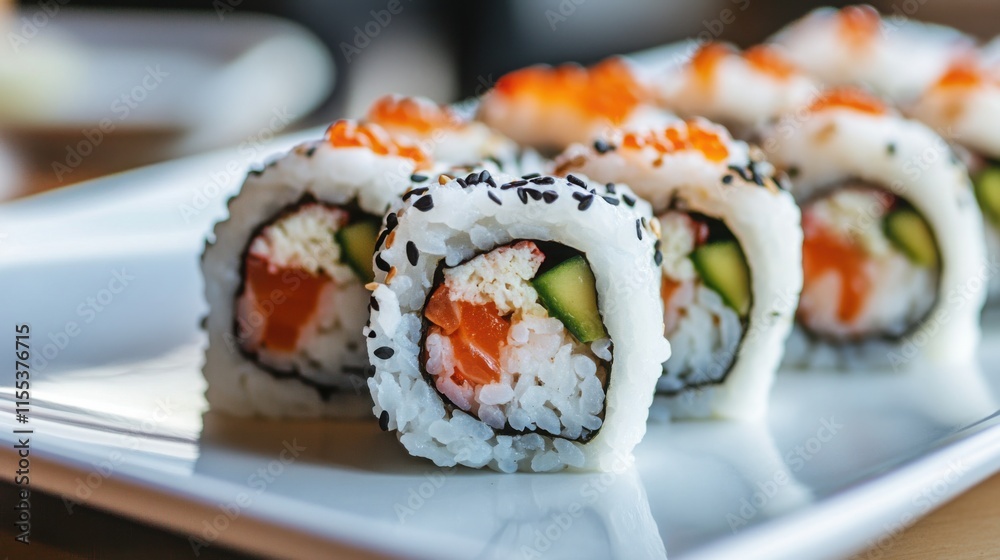 Delicious sushi rolls with salmon cucumber and caviar. Delicious sushi rolls with salmon cucumber and caviar.