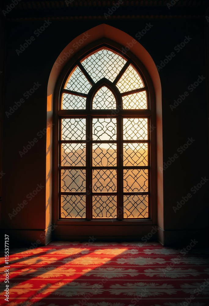 Sunset illuminates a stunning arched window with intricate latticework, casting warm shadows on the red carpet below. Sunset illuminates a stunning arched window with intricate latticework, casting warm shadows on the red carpet below.