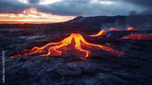 Scenic view of fiery molten lava flowing amidst rugged volcanic landscape at sunset : Generative AI