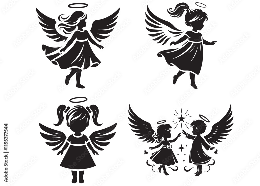 Obraz premium children angel little girl with wings of silhouette vector, silhouette angel girl with wings, children angel little girl logo design on a white background.