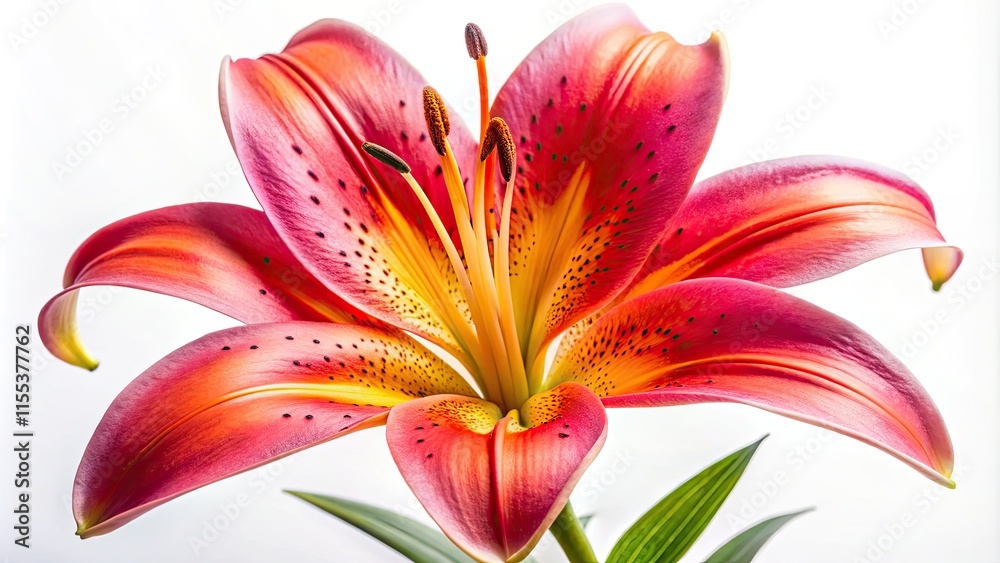Fototapeta premium Vibrant lily blossom in sharp focus against a pure white backdrop. Beautiful, AI-generated floral image with copy space.