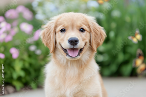 Happy puppy sitting in a flower garden with blooming flowers and butterflies