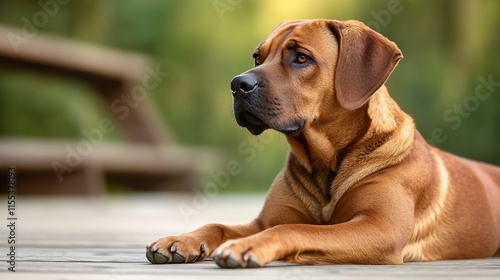 Portrait of a Relaxed Dog Lying on a Wooden Deck in a Peaceful Outdoor Setting : Generative AI photo