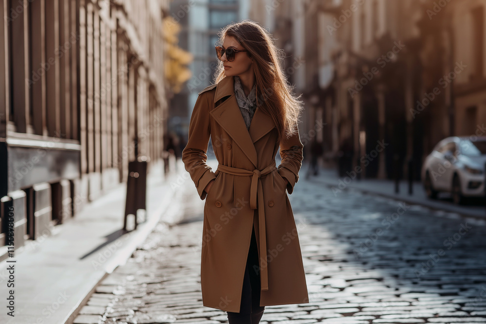 Woman in mocha trench coat walking down a cobblestone street on a sunny day. Woman in mocha trench coat walking down a cobblestone street on a sunny day.