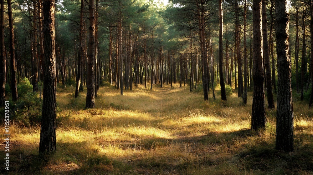 Obraz premium Serene Sunlit Path Through a Dense Pine Forest During Daytime : Generative AI