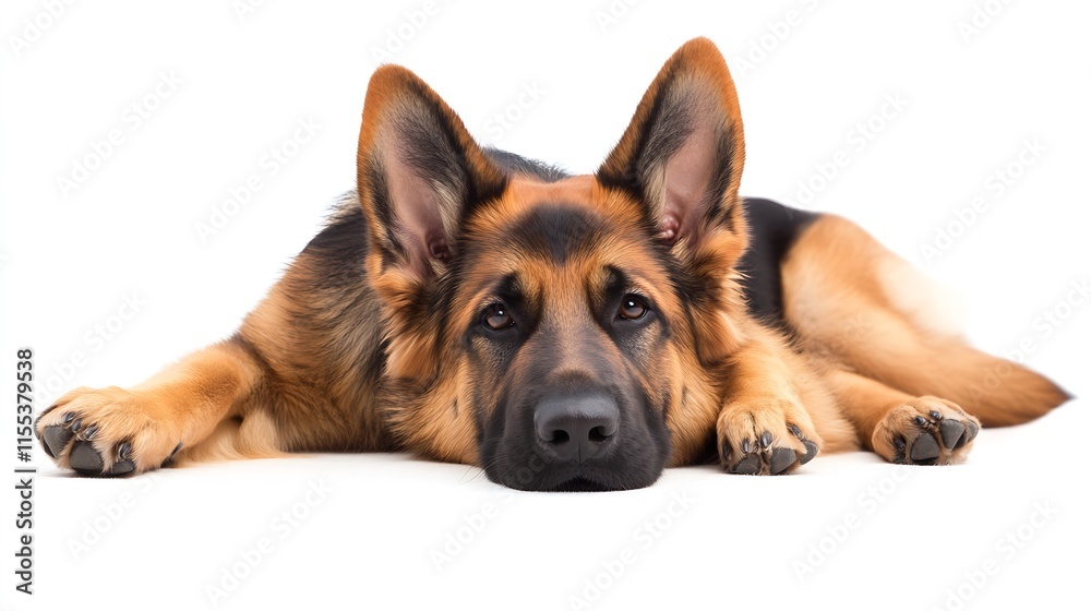 Adorable German Shepherd Puppy Lying Down with Relaxed Expression on White Background : Generative AI Adorable German Shepherd Puppy Lying Down with Relaxed Expression on White Background : Generative AI