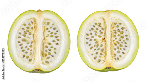 A cross-section of a green fruit isolated on a white background, png transparent, showcasing its seeds and inner texture.